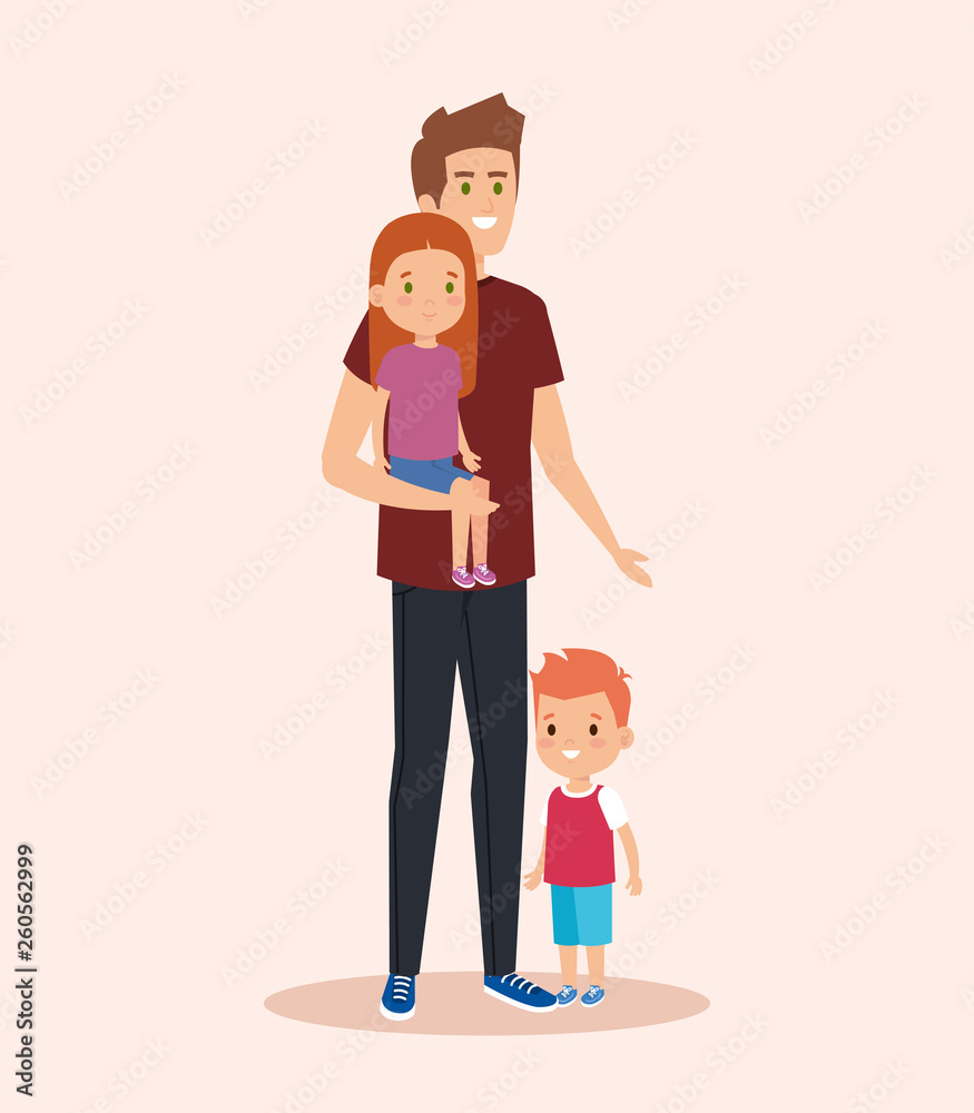 cute man carrying his daughter and son cute man carrying his daughter and son