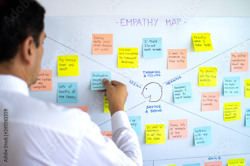 Male business man sticking post it in empathy map, user experience (ux) methodology and design thinking technique, a collaborative tool to gain insight into customers, users and clients. photo