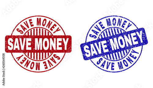 Grunge SAVE MONEY round stamp seals isolated on a white background. Round seals with distress texture in red and blue colors. Vector rubber overlay of SAVE MONEY tag inside circle form with stripes.