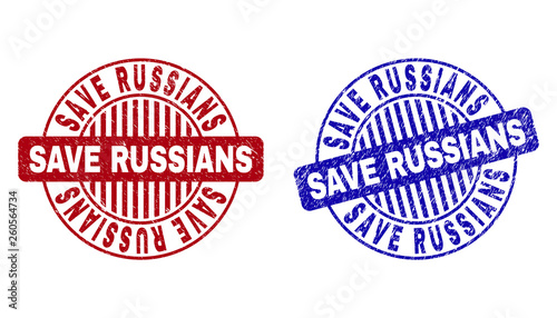 Grunge SAVE RUSSIANS round stamp seals isolated on a white background. Round seals with grunge texture in red and blue colors.