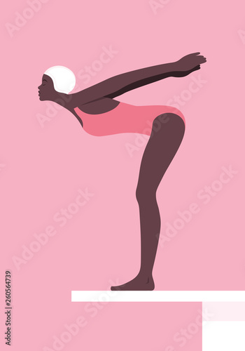 A girl in a bathing suit preparing to jump from a springboard into the water. Water sports. Vector flat illustration