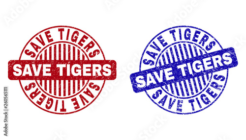 Grunge SAVE TIGERS round stamp seals isolated on a white background. Round seals with grunge texture in red and blue colors. Vector rubber imprint of SAVE TIGERS title inside circle form with stripes.