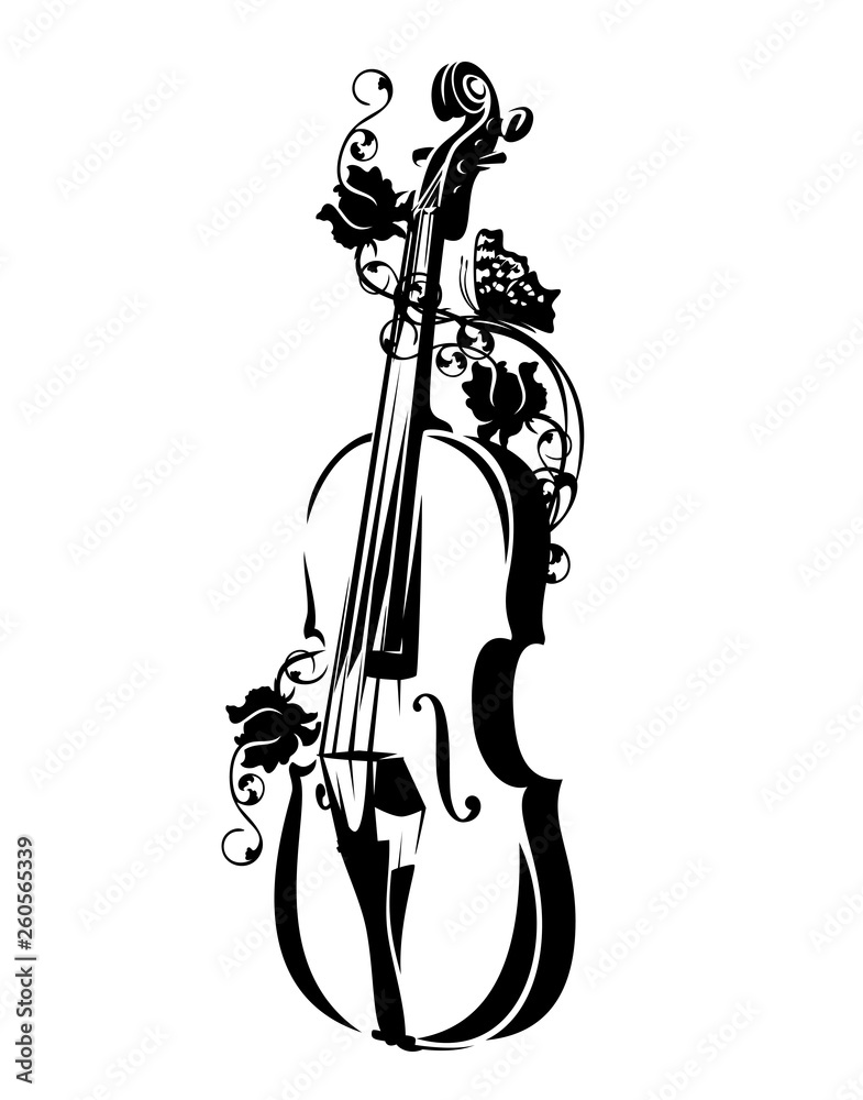 violin with rose flowers and butterfly - music instrument and floral nature black and white vector outline design | Adobe Stock