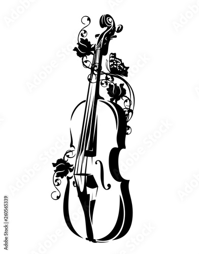 violin with rose flowers and butterfly - classical music instrument and floral nature black and white vector outline design