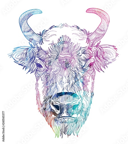 Head of American bison.The cow's head. A cow with big horns and fluffy ears. Drawing manually in vintage style. Meditative coloring. Coloring for children. Arrows, points, patterns, waves.