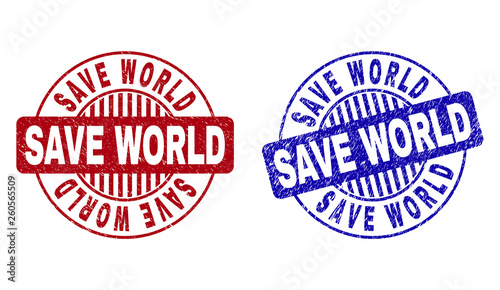 Grunge SAVE WORLD round stamp seals isolated on a white background. Round seals with distress texture in red and blue colors. Vector rubber imprint of SAVE WORLD label inside circle form with stripes.