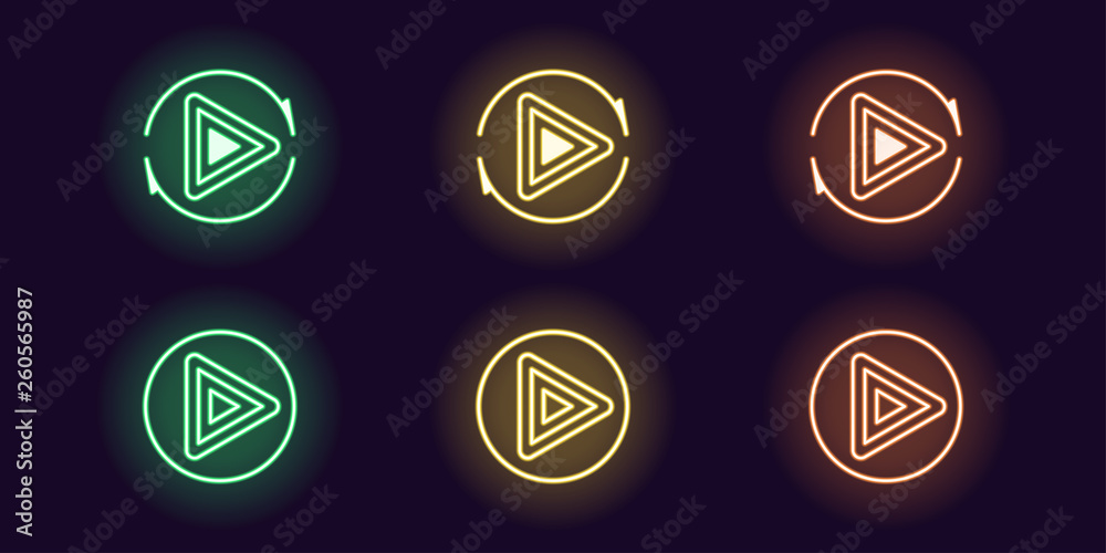 Neon icon set of Play button. Vector UI sign Neon icon set of Play button. Vector UI sign
