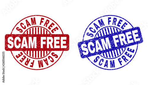 Grunge SCAM FREE round stamp seals isolated on a white background. Round seals with distress texture in red and blue colors.