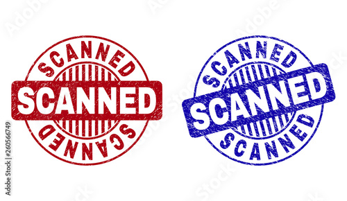 Grunge SCANNED round stamp seals isolated on a white background. Round seals with grunge texture in red and blue colors. Vector rubber imitation of SCANNED title inside circle form with stripes.