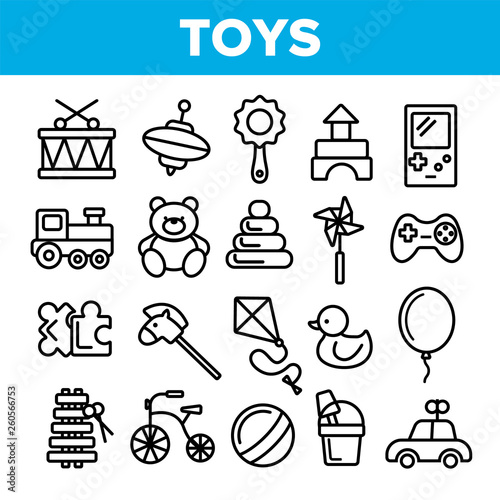 Children Toys Linear Vector Icons Set. Toys Thin Line Contour Symbols Pack. Kids Entertainment Pictograms Collection. Baubles, Playthings. Plush Teddy Bear, Car, Ball, Puzzle Outline Illustrations
