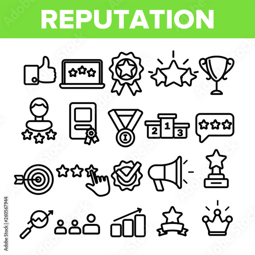 Reputation Linear Vector Icons Set. Reputation Thin Line Contour Symbols Pack. Social Media Feedback, Like Pictograms Collection. Internet Review, Rating. Community Management Outline Illustrations