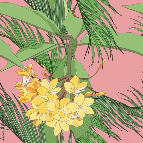 Tropical floral summer seamless pattern background with plumeria flowers with leaves and palms. Pink backdrop.