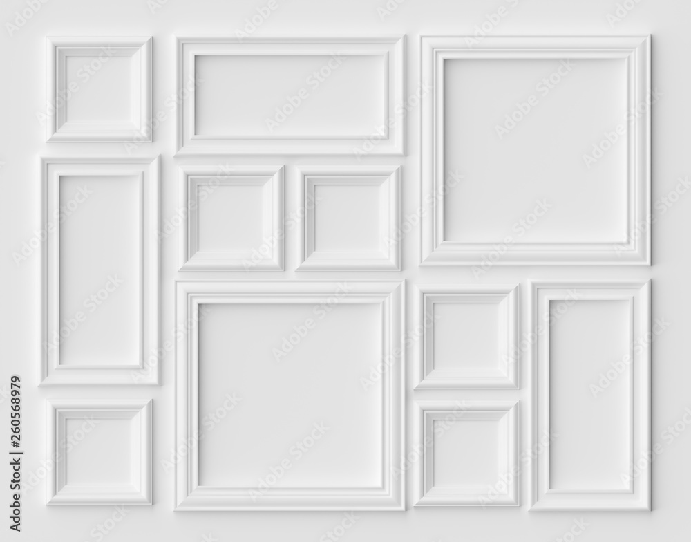 White picture or photo frames on the white wall with shadows - obrazy, fototapety, plakaty 