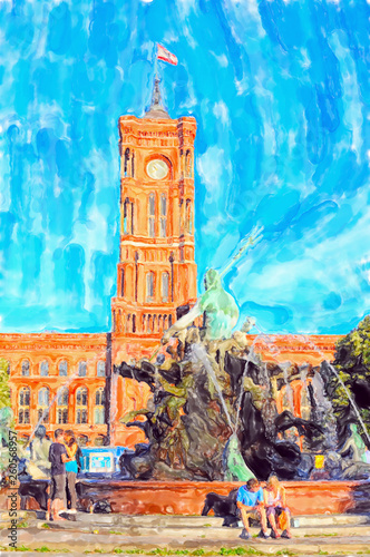 Watercolor illustration Berlin town hall at Alexanderplace. people passing by. photo