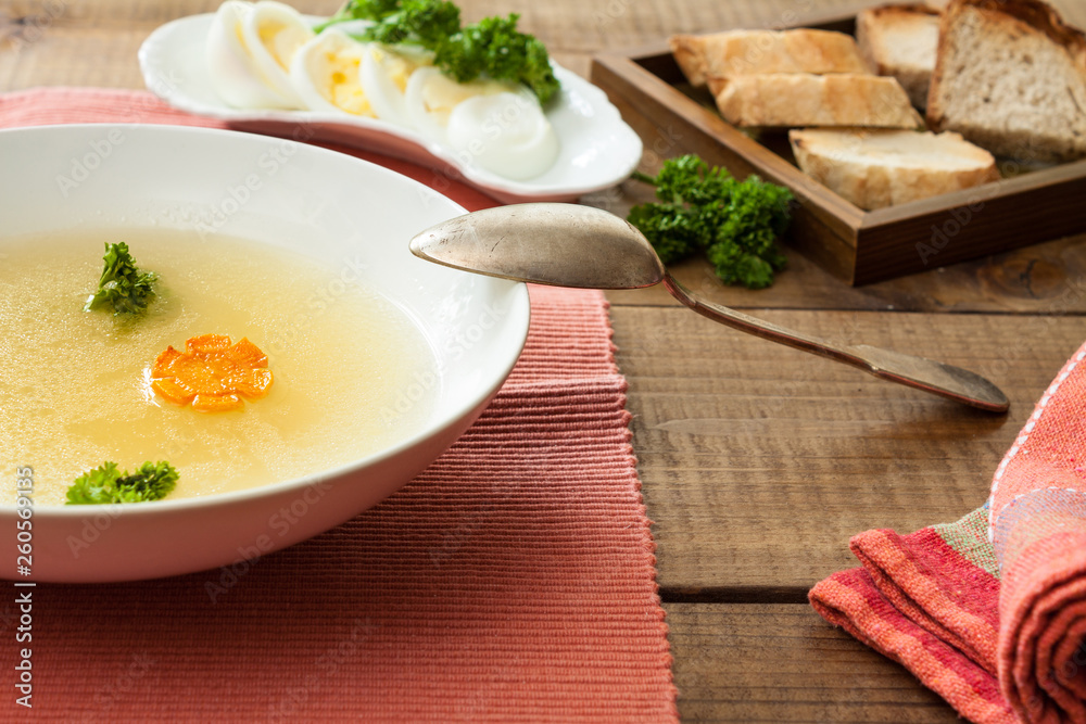 Clear chicken broth and egg. Clear chicken broth and egg.