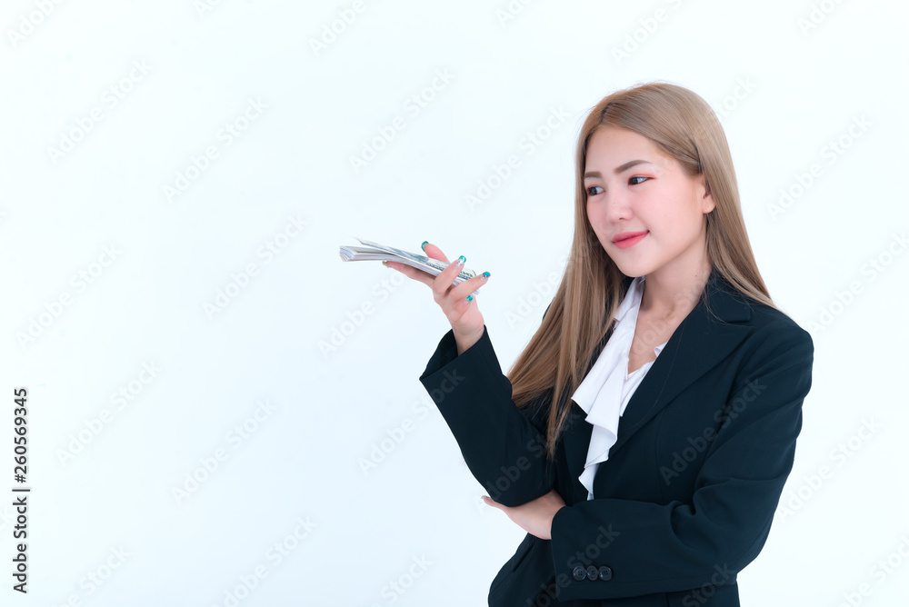 beautiful asian woman with dollar money in hand on white background,Worker has a lot of money,Day of pay,The salary of the employees,Thailand people beautiful asian woman with dollar money in hand on white background,Worker has a lot of money,Day of pay,The salary of the employees,Thailand people