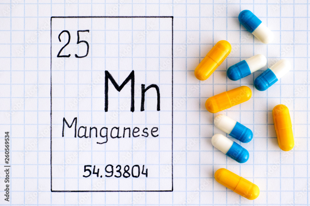 Handwriting chemical element Manganese Mn with some pills. Handwriting chemical element Manganese Mn with some pills.