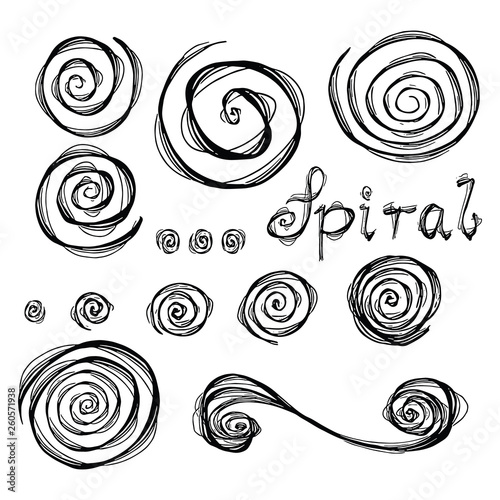 Vector grunge organic ink textured spiral set. Abstract design elements set. Swirl motion brush stroke. Overlay artistic  shape illustration. Grungy aged distressed moving curve. Uneven twirl circle.