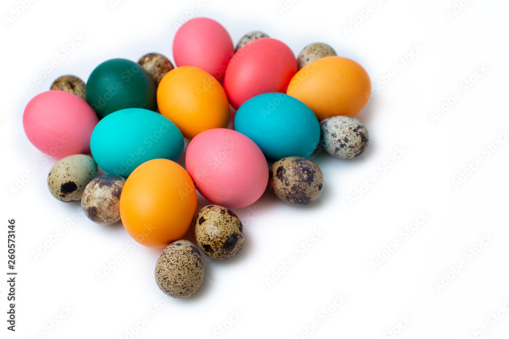painted easter chicken and quail eggs in a pile on a white background. Happy Easter. Easter set. isolated in white