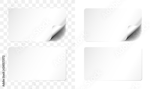 white adhesive label or sticher in two variations, one with curled up corner and transparent shadow