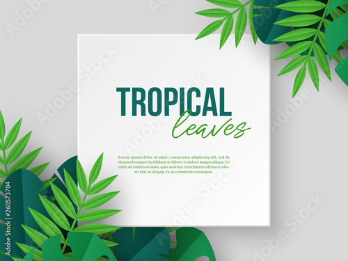 Banner with exotic jungle tropical palm leaves. Summer floral design, paper cut style. Copy space. Vector illustration.