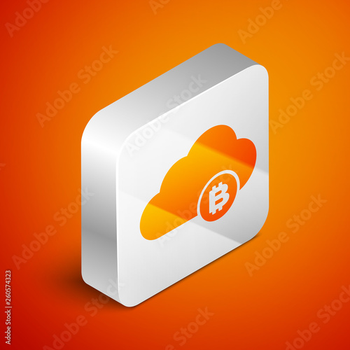Isometric Cryptocurrency cloud mining icon isolated on orange background. Blockchain technology, bitcoin, digital money market, cryptocoin wallet. Silver square button. Vector Illustration