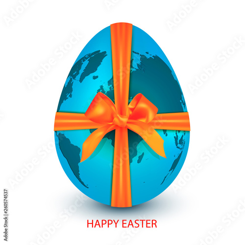 Blue planet earth in shape of Easter egg tied with orange ribbon with a bow isolated on a white background with a greeting Happy Easter