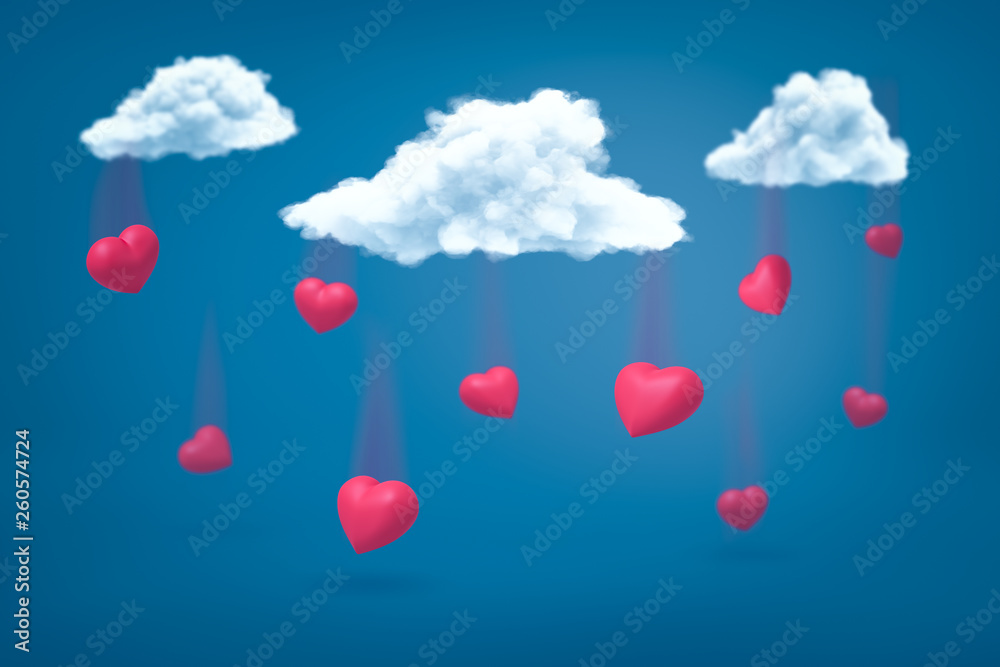 3d rendering of set of scarlet hearts falling down from three white clouds on blue background.