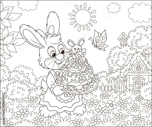Cute Bunny in a festive dress with a fancy Easter cake among flowers on a sunny spring day, black and white vector illustration in a cartoon style for a coloring book