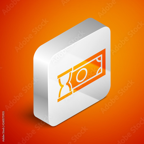 Isometric Fast payments icon isolated on orange background. Fast money transfer payment. Financial services, fast loan, time is money, cash back concept. Silver square button. Vector Illustration