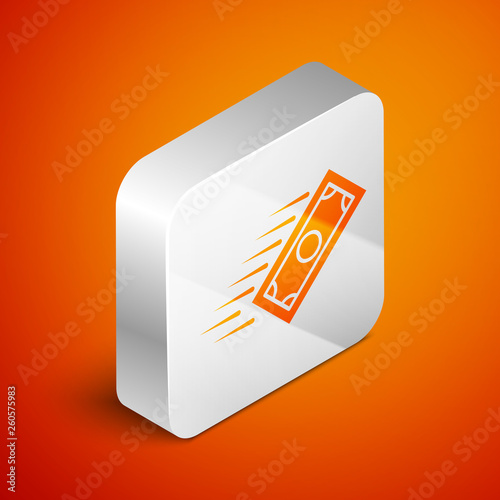Isometric Fast payments icon isolated on orange background. Fast money transfer payment. Financial services, fast loan, time is money, cash back concept. Silver square button. Vector Illustration