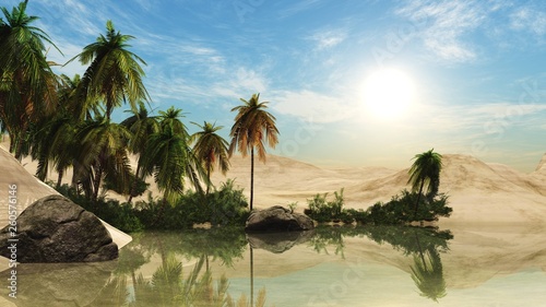 Oasis at sunset in a sandy desert  a panorama of the desert with palm trees