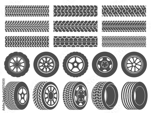 Wheel tires. Car tire tread tracks, motorcycle racing wheels icons and dirty tires track vector illustration set photo