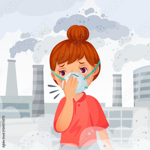 Girl wearing N95 mask. Young woman wear protect face masks, outdoor PM 2. 5 air pollution and breath protection vector illustration