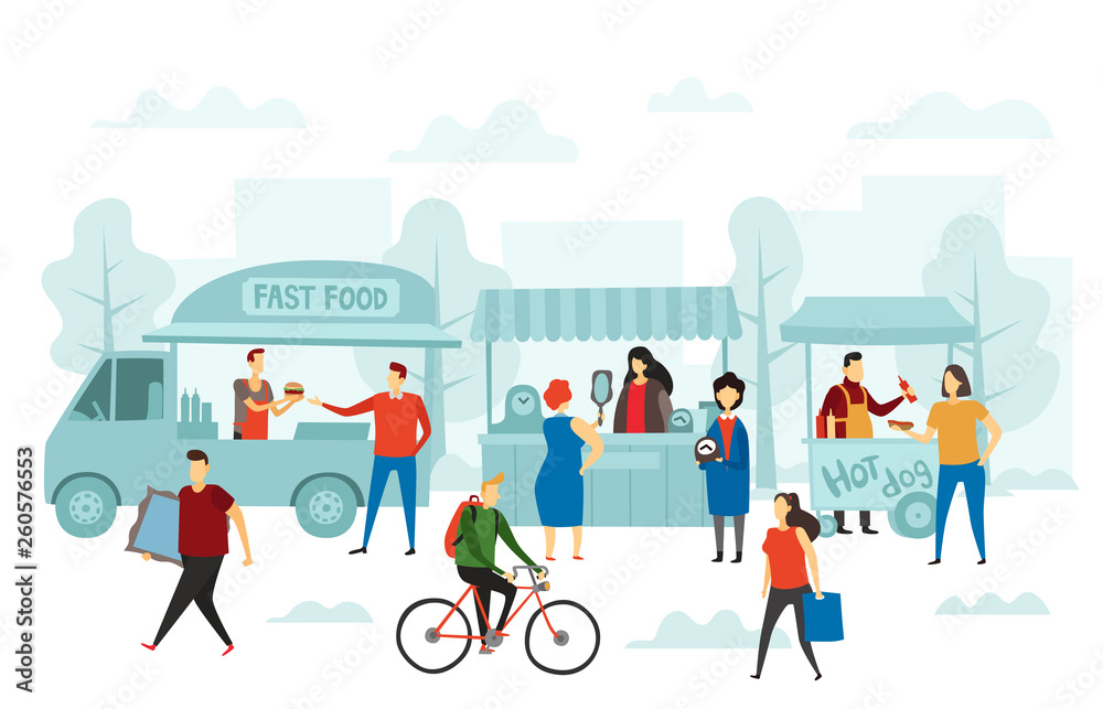 Weekend fair market. Street shop, food truck and flea markets vector illustration