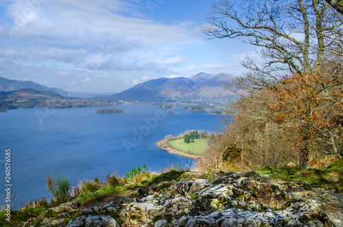 View looking over Derwent water towards Scafell Mountain 