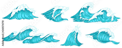 Sea wave. Vintage ocean waves, blue water tide and tidal wave hand drawn vector illustration set