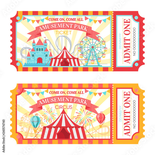Amusement park ticket. Admit one circus admission tickets, family park attractions festival and amusing fairground vector illustration