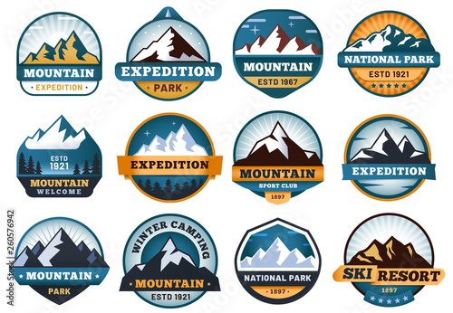 Mountain labels. Hiking emblems, mountains emblem badges and outdoors hill travel label vector set