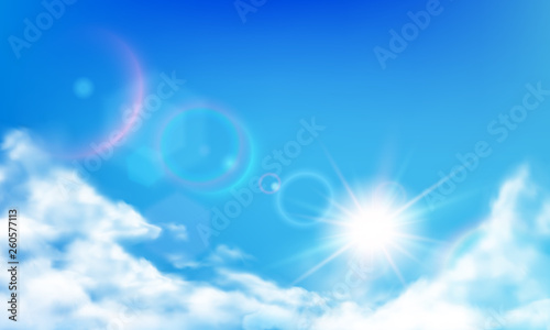 Cloudy sky. Daytime bright sun, sunny day clouds and realistic cloud in blue sky realistic vector background illustration