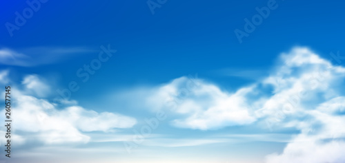 Cloud in blue sky. Fluffy clouds in cloudy daytime skies. Realistic white clouds vector background illustration