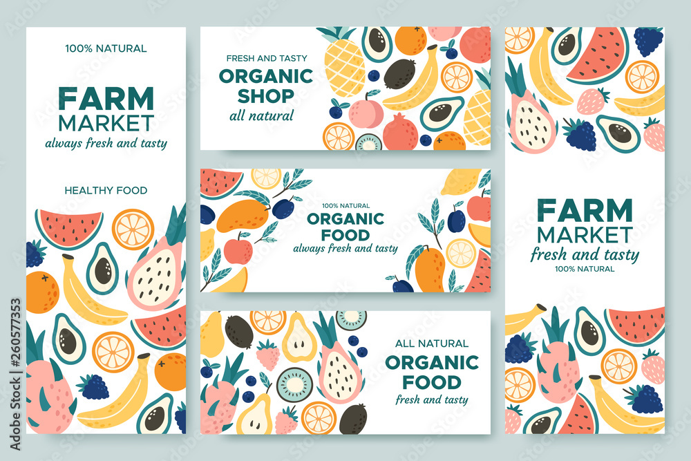 Fruit banner. Summer fruits, organic food menu and fresh pineapple banners vector illustration set