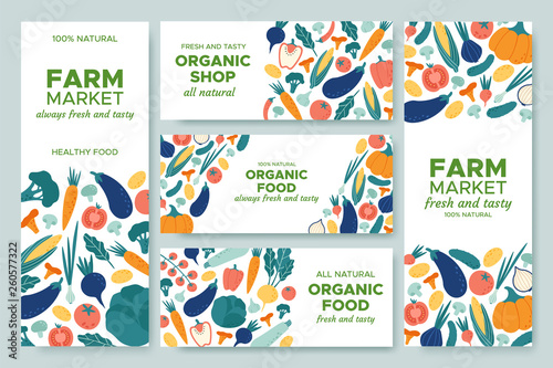 Banner vegetables. Fresh vegetable menu, organic food and natural products banners vector illustration set
