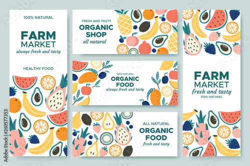 Fruit banner. Summer fruits, organic food menu and fresh pineapple banners vector illustration set