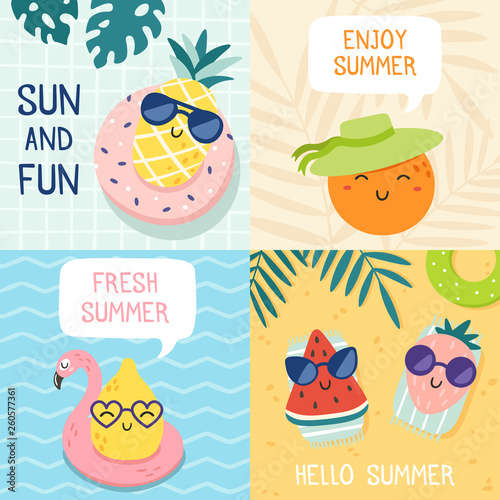 Hello summer poster. Funny fruits, pineapple in sunglasses and tropical fruit beach party banner vector illustration set