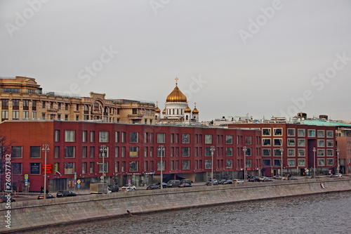 Buildings on Prechistenskaya embankment, view from the Crimean bridge on a spring day