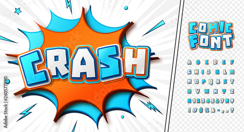 3d cartoon alphabet in comics and pop art style. Colorful letters, numbers with striped pattern and halftone effect. Funny font for decoration comics book page, children's illustration, poster, banner