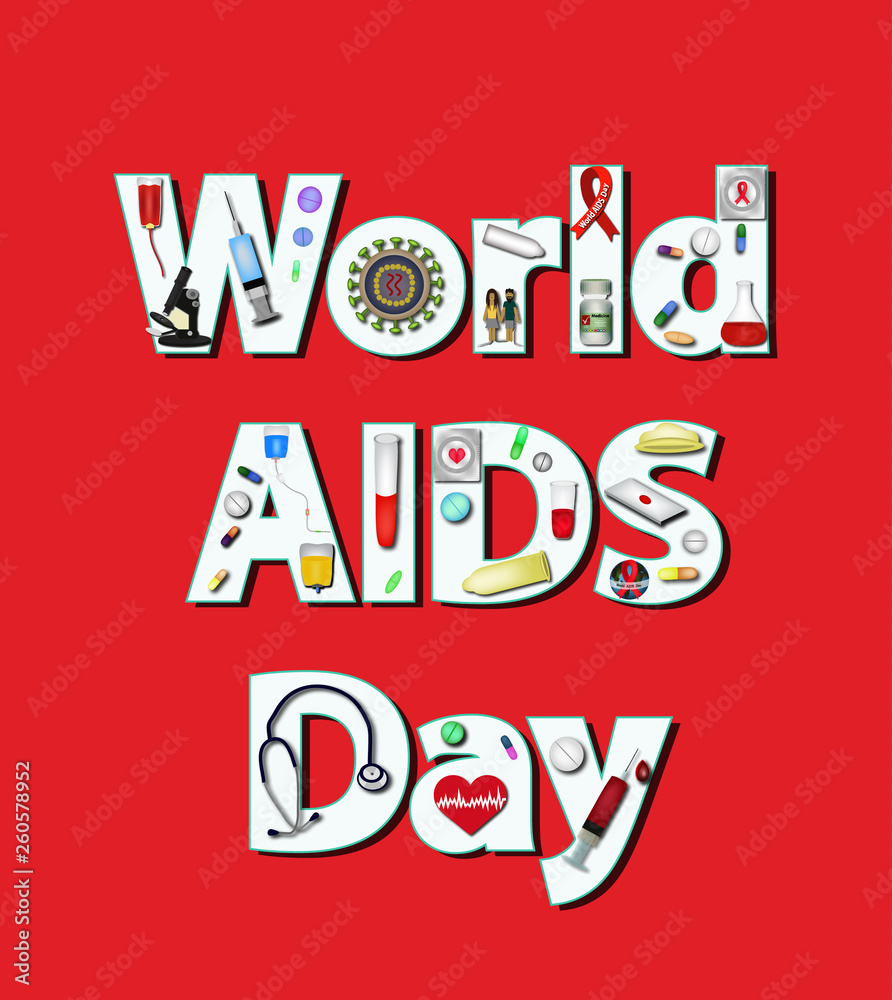 World Aids Day The inscription of medical icons inside. Infographics. Vector illustration on red background