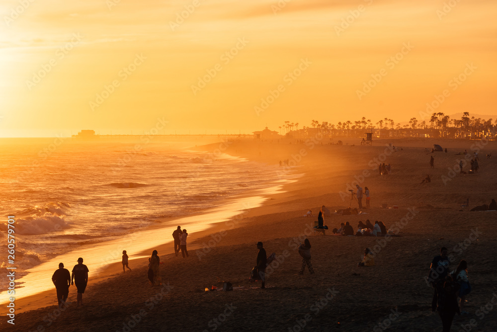 Vibrant sunset over the beach from the Balboa Pier, in Newport Beach, Orange County, California