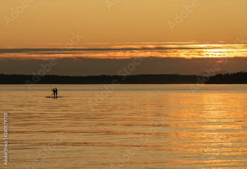 Silhouetted people on paddle boards off shore during golden hour sunset
